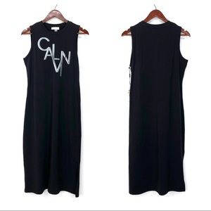 Calvin Klein Black Crewneck Maxi Tank Dress Gray Silver Shimmer Spellout